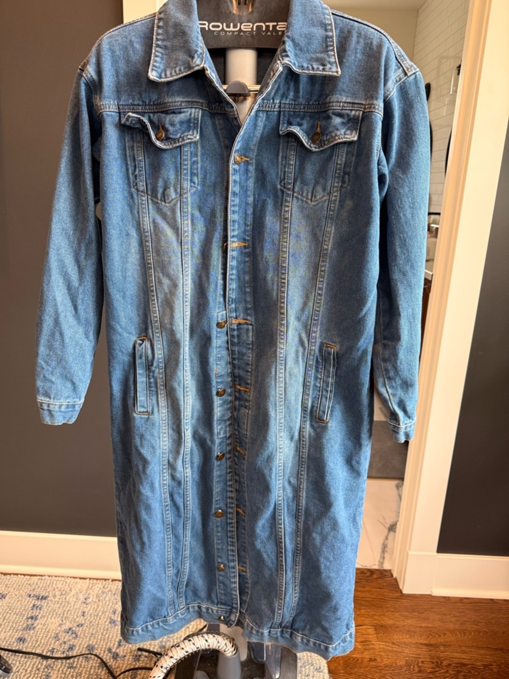 Long Blue Denim Button-Front Coat